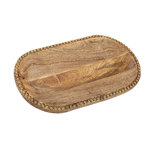 16&#x22; Hand-Carved Mango Wood Tray with Wood Beads